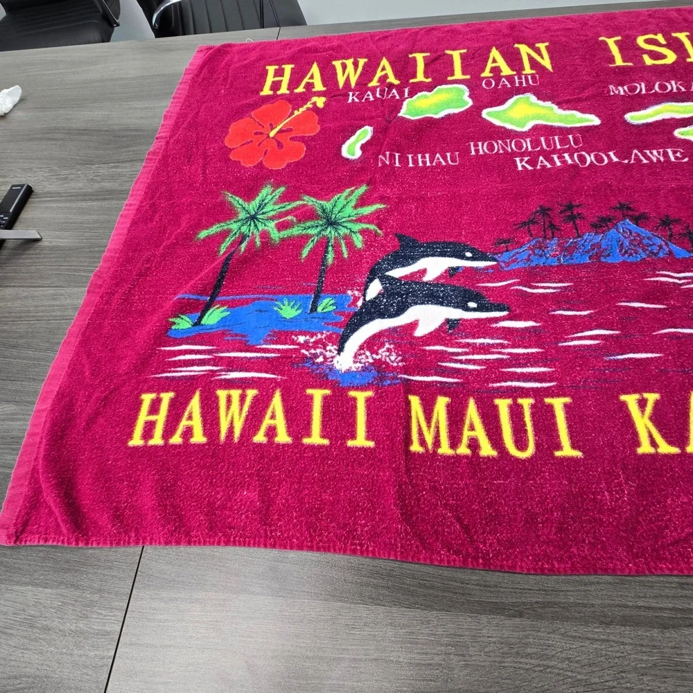 Favant Hawaiian Islands Beach Towel Pink Cotton Map Maui Kauai Dolphins 62x37